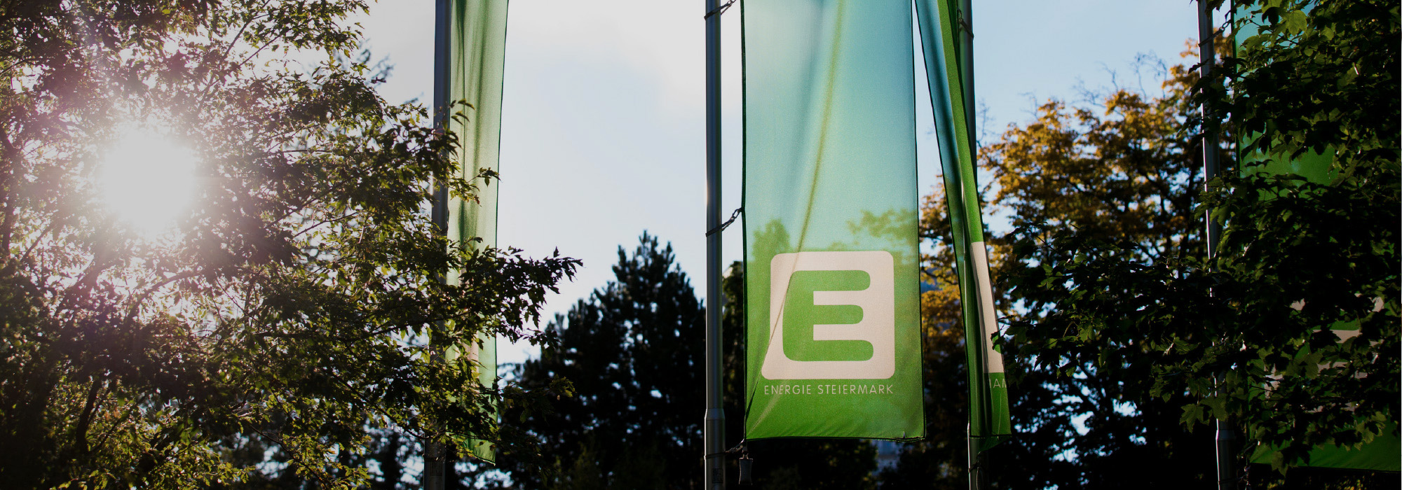 Im Wind wehende Energie Steiermark Fahnen. Im Hintergrund befinden sich einige Bäume, wo die Sonne durchblitzt.