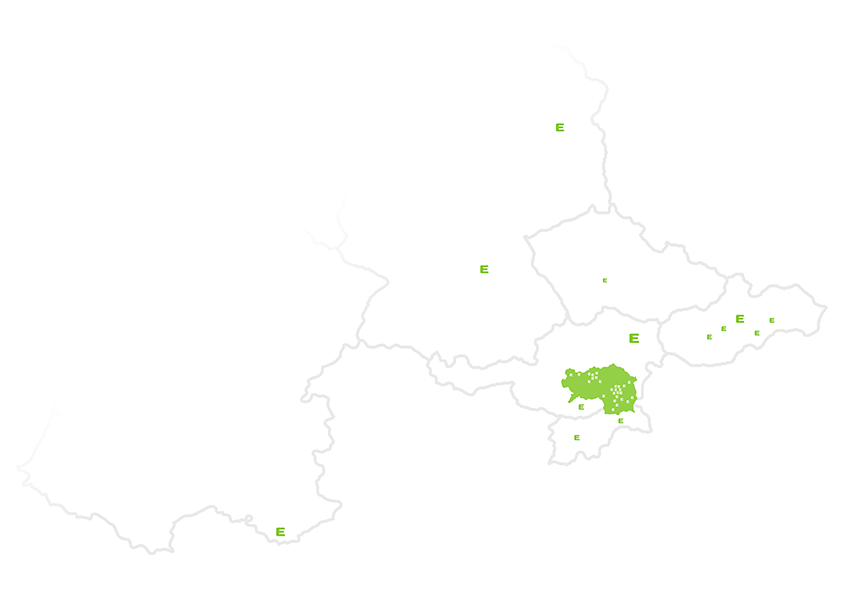 Karte mit den Ländern Österreich, Deutschland, Tschechien, Slowakei und Slowenien, wo die Konzernbeteiligungen der Energie Steiermark eingezeichnet sind.