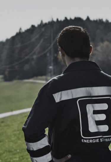 Arbeiter vor einem Strommast