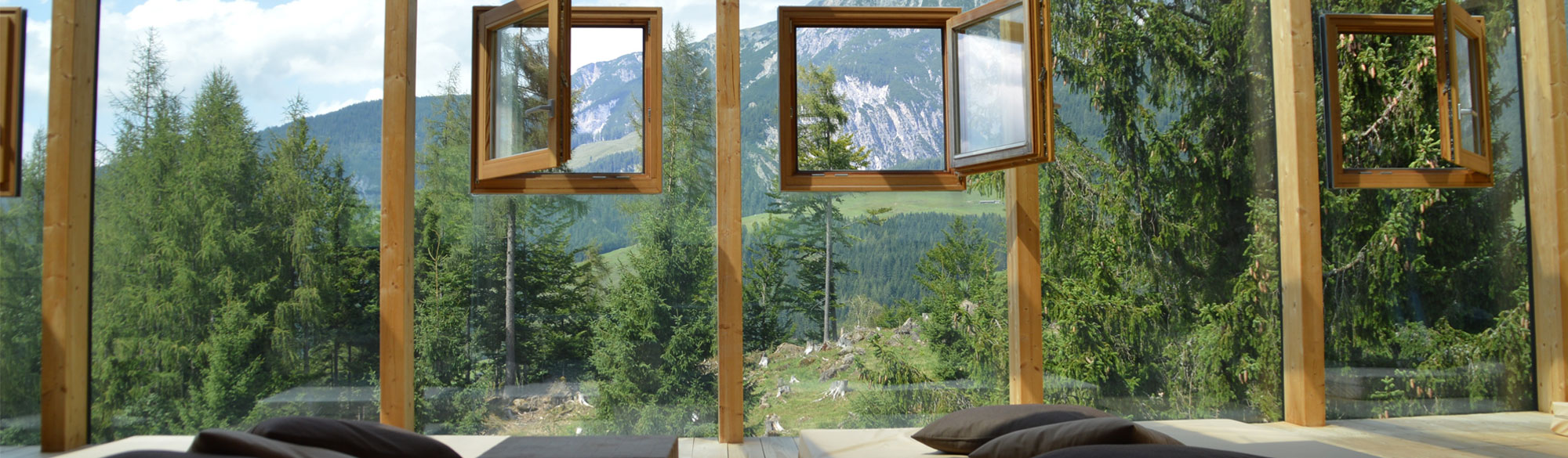 Ausblick durch Fenster auf einen Wald